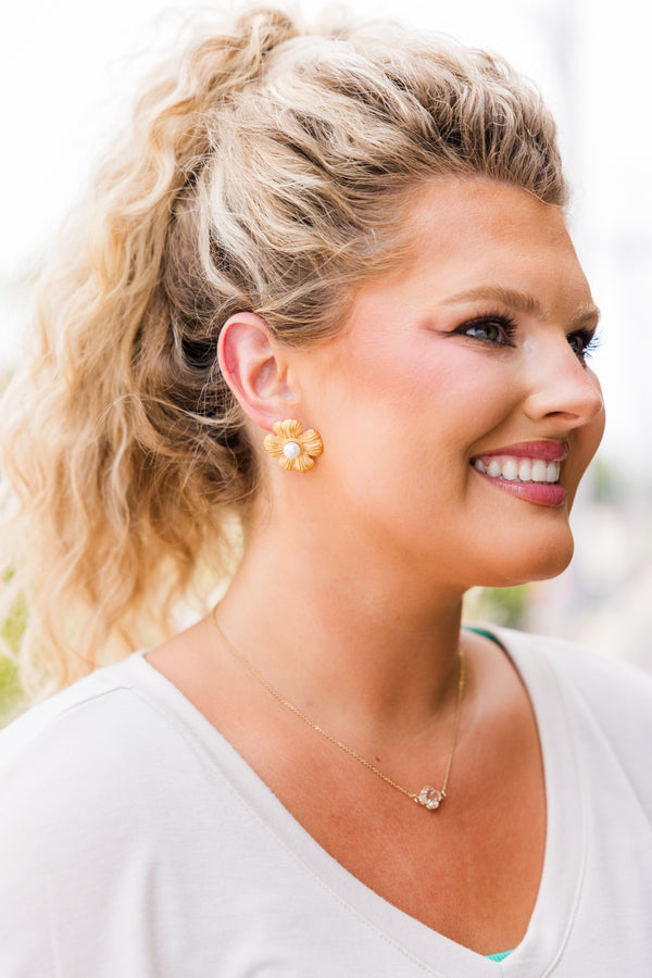 Chic Soul plus size clothing, gold flower pendant earrings with pearl detail in the middle