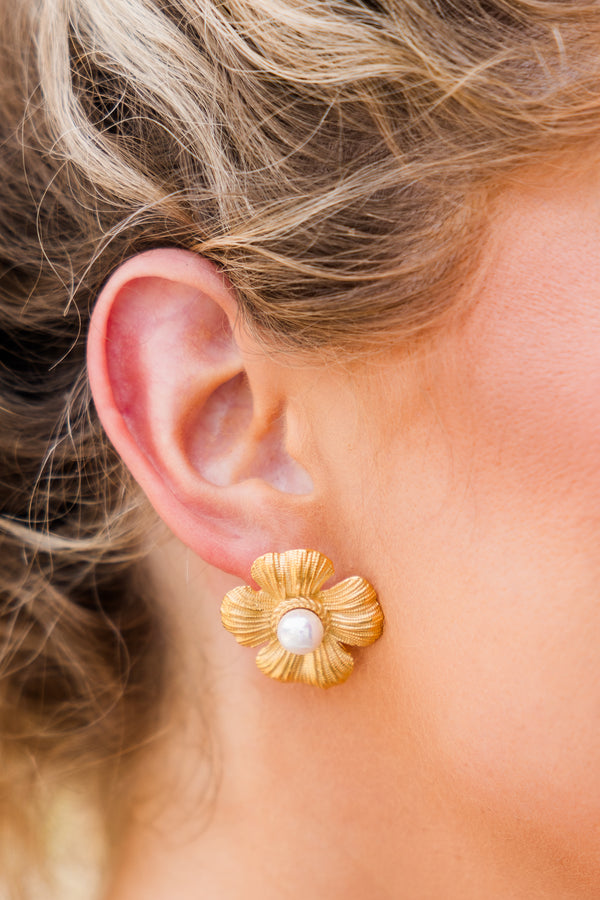 Chic Soul plus size clothing, gold flower pendant earrings with pearl detail in the middle