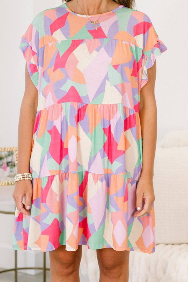 Chic Soul Plus size clothing, lavender multi-color babydoll dress with an abstract geometric pattern with flutter sleeves

