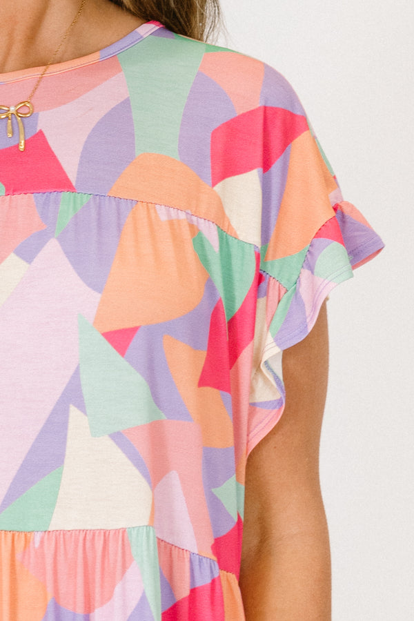 Chic Soul Plus size clothing, lavender multi-color babydoll dress with an abstract geometric pattern with flutter sleeves
