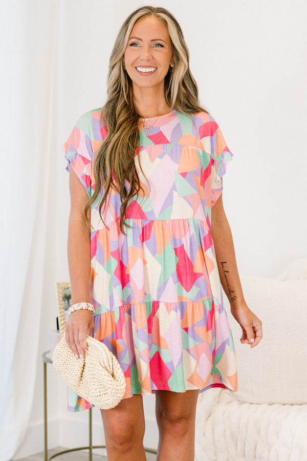 Chic Soul Plus size clothing, lavender multi-color babydoll dress with an abstract geometric pattern with flutter sleeves
