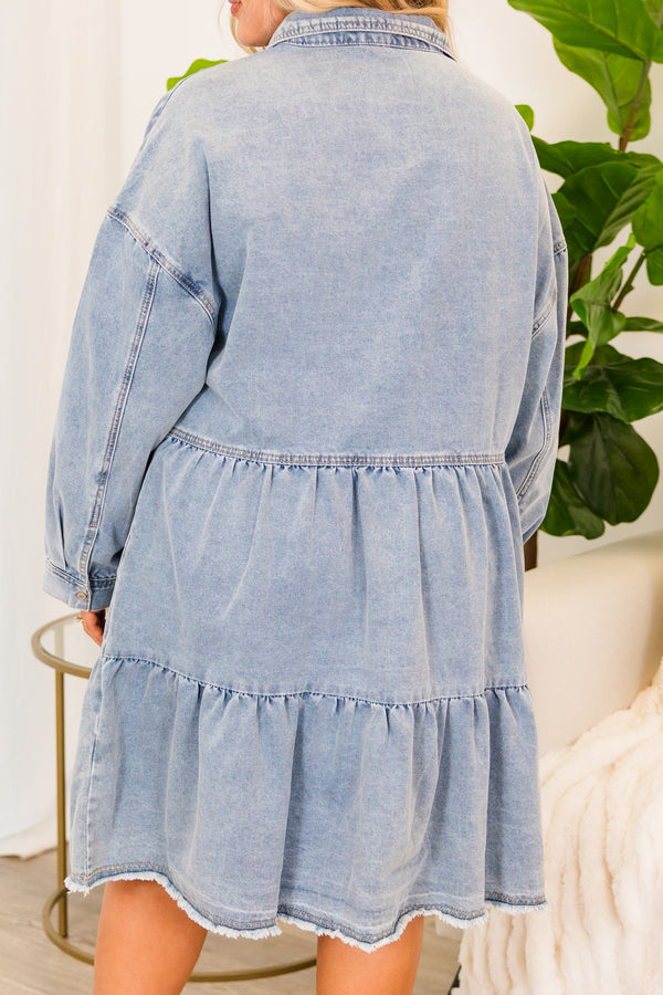 Chic Soul plus size clothing, long-sleeve light wash denim baby doll dress with ruffles and silver button detailing 