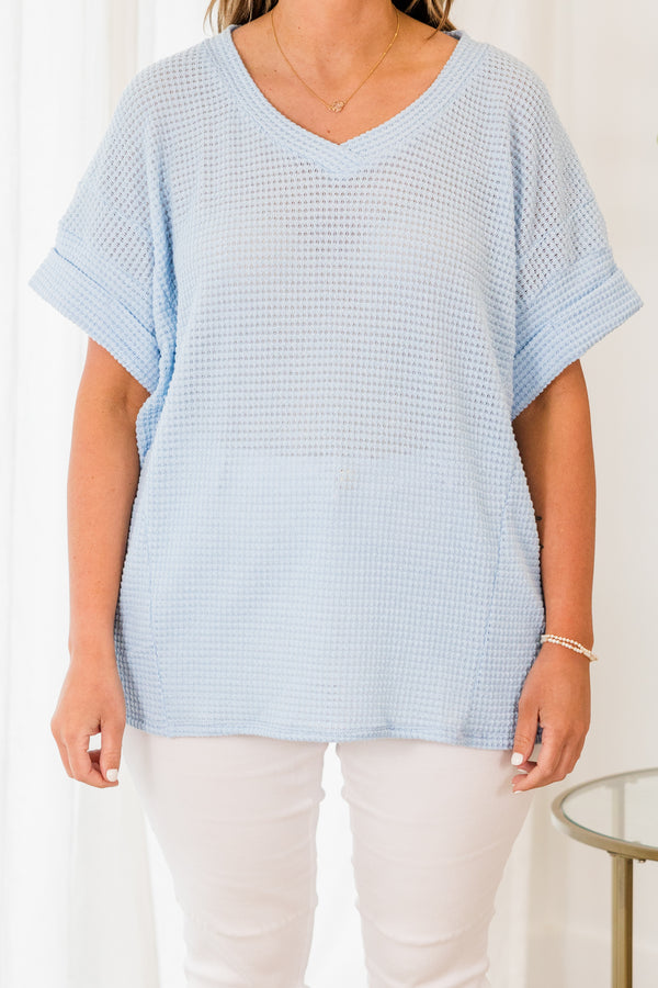 Chic Soul plus size clothing, light blue short sleeve waffle knit v-neck top