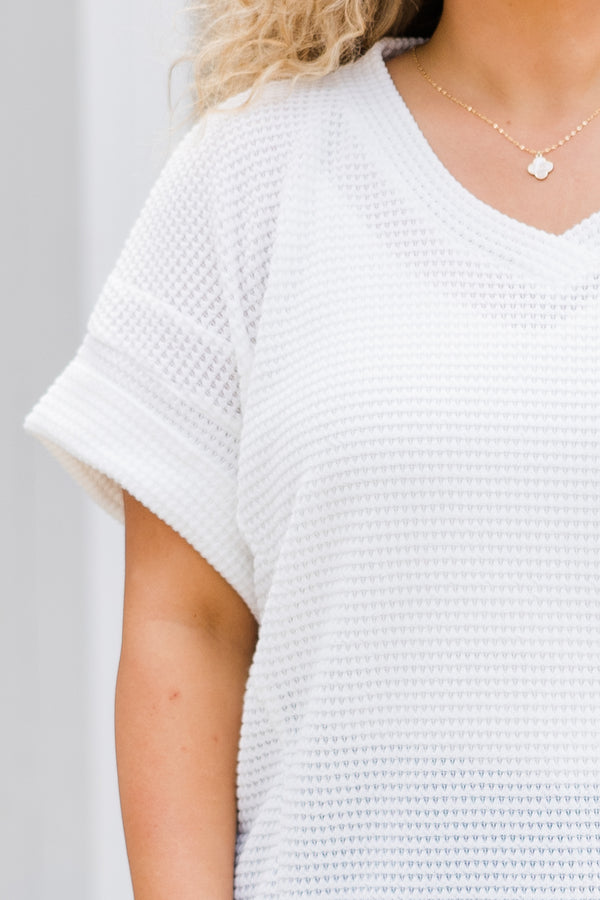 Chic Soul plus size clothing, ivory waffle knit short sleeve top with cuffed sleeves and v neckline