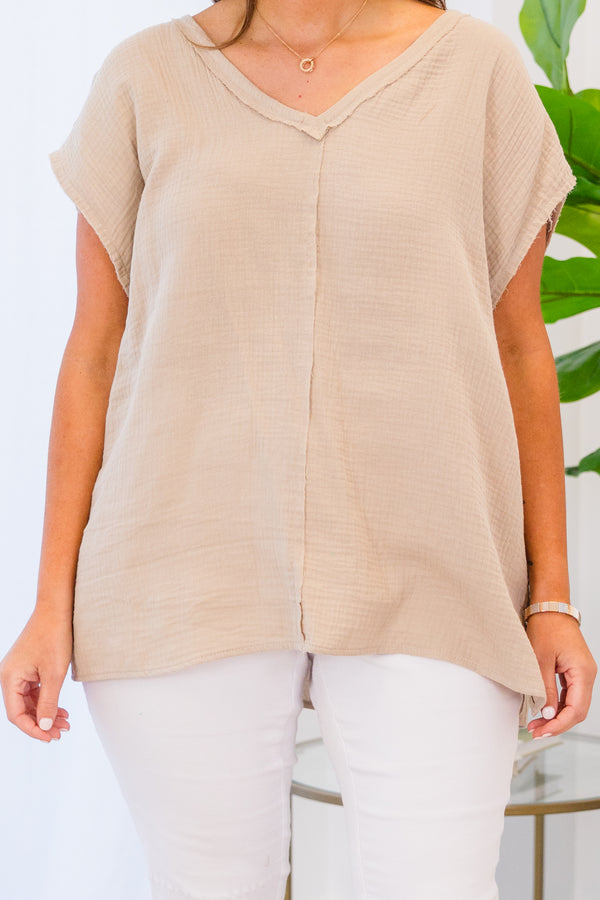 Chic Soul plus size clothing, short sleeve taupe linen top with raw hem sleeves with v neckline and outer stitch along center of the top