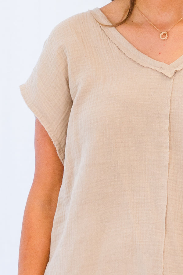 Chic Soul plus size clothing, short sleeve taupe linen top with raw hem sleeves with v neckline and outer stitch along center of the top