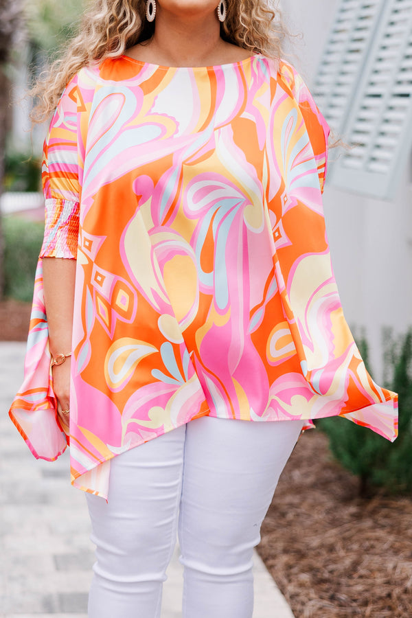 Chic Soul plus size clothing, pink multicolored abstract print flowy top with elbow length sleeves with rusching