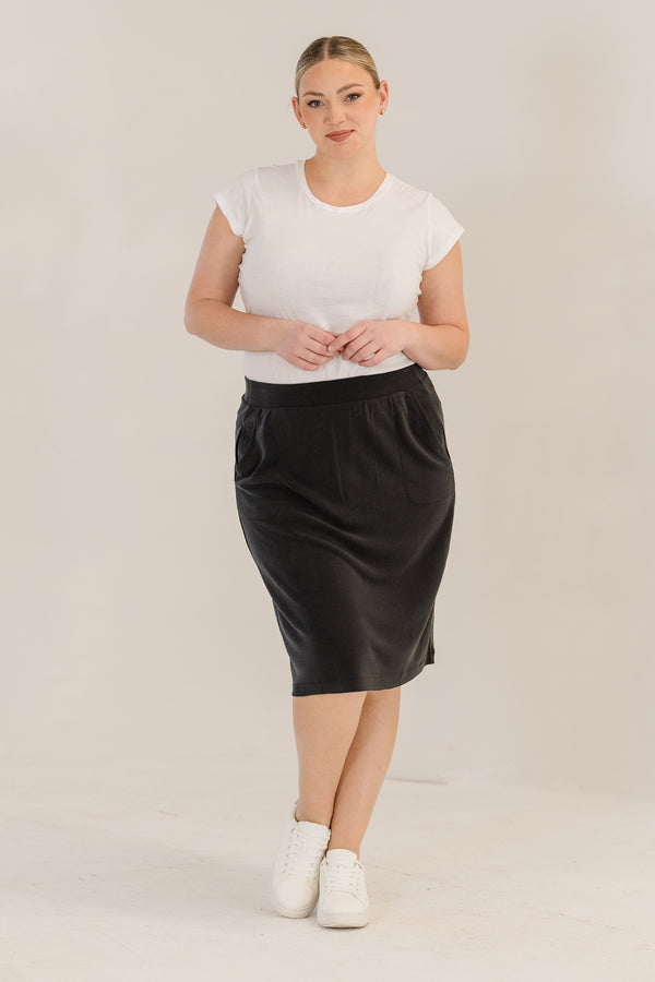 Chic Soul plus size clothing, black knee length a-line skirt with elastic waistband and side pockets
