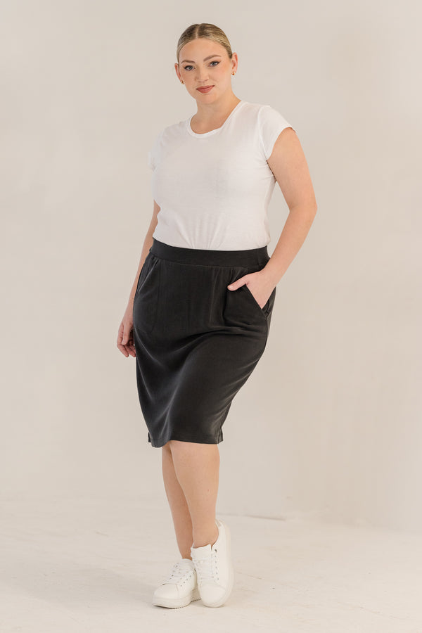 Chic Soul plus size clothing, black knee length a-line skirt with elastic waistband and side pockets