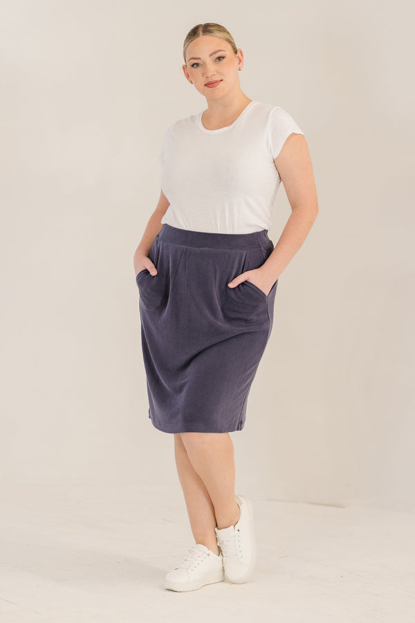 Chic Soul plus size clothing, bink navy knee length a-line skirt with elastic waistband and side pockets