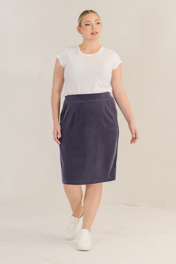Chic Soul plus size clothing, bink navy knee length a-line skirt with elastic waistband and side pockets
