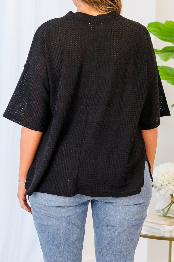 Chic Soul plus size clothing, black short sleeve knit top with four buttons