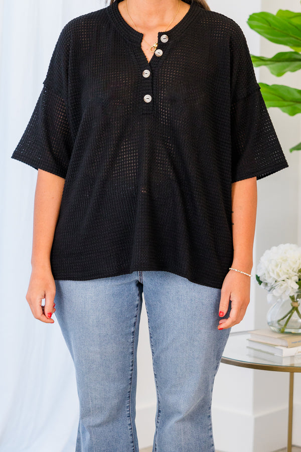 Chic Soul plus size clothing, black short sleeve knit top with four buttons