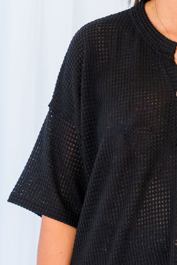 Chic Soul plus size clothing, black short sleeve knit top with four buttons