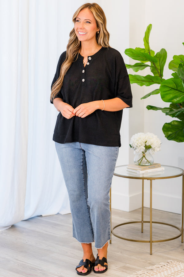Chic Soul plus size clothing, black short sleeve knit top with four buttons