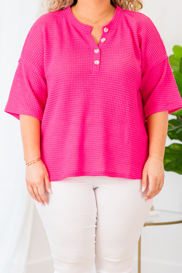 Chic Soul plus size clothing, hot pink short sleeve waffle top with button up detail