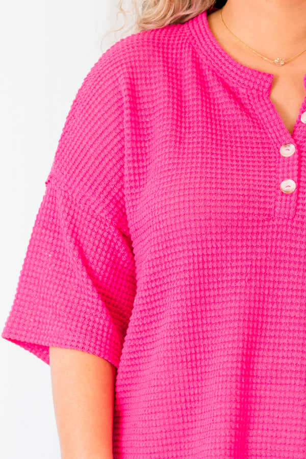 Chic Soul plus size clothing, hot pink short sleeve waffle top with button up detail