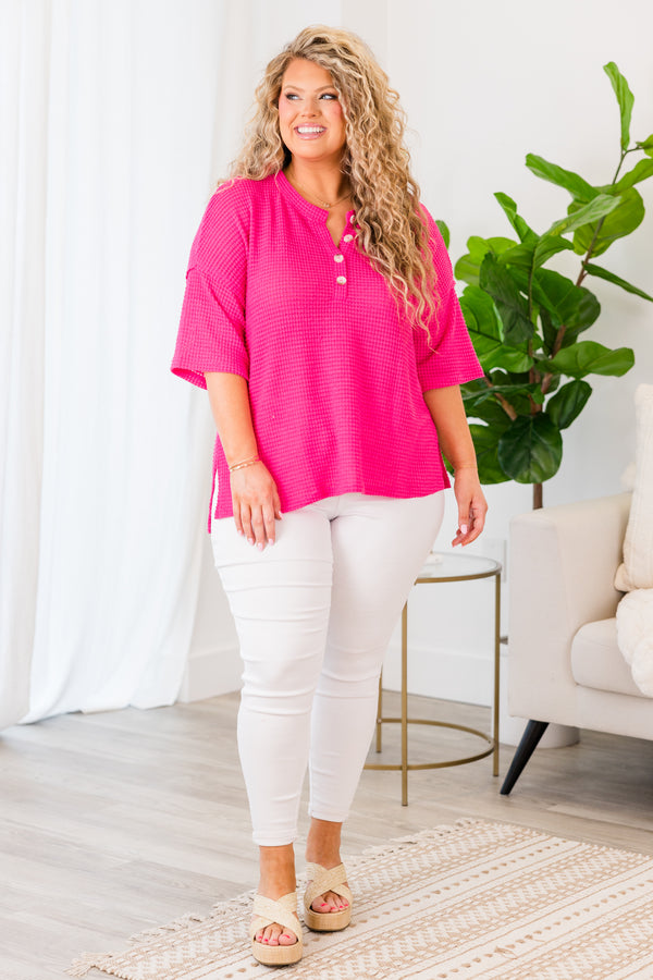Chic Soul plus size clothing, hot pink short sleeve waffle top with button up detail
