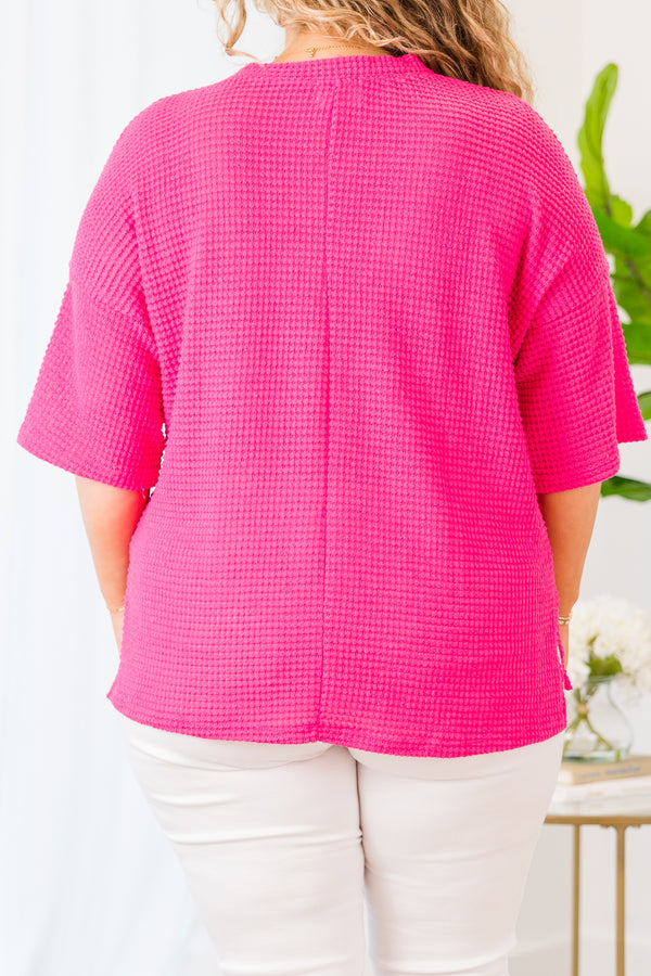 Chic Soul plus size clothing, hot pink short sleeve waffle top with button up detail
