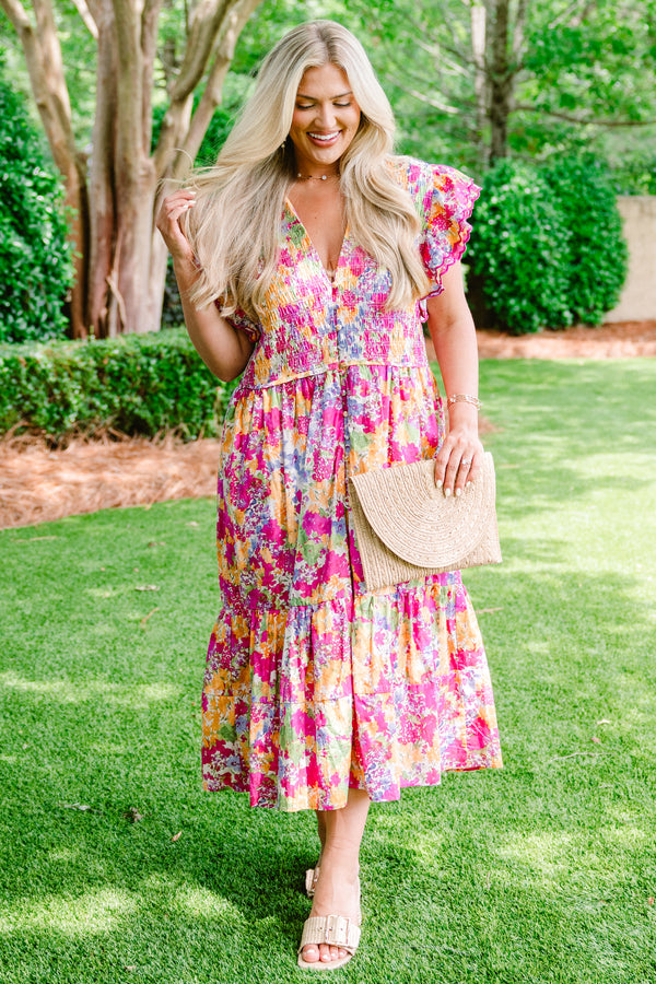 Chic Soul plus size clothing, fuchsia and golden yellow abstract floral patterned midi dress with flutter sleeves and buttons on front