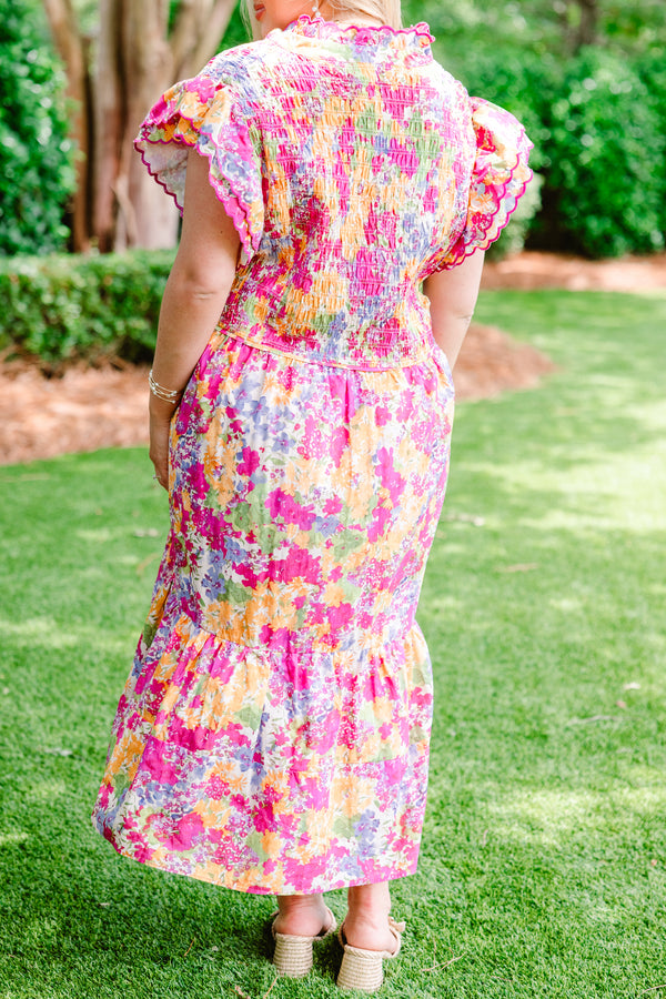 Chic Soul plus size clothing, fuchsia and golden yellow abstract floral patterned midi dress with flutter sleeves and buttons on front