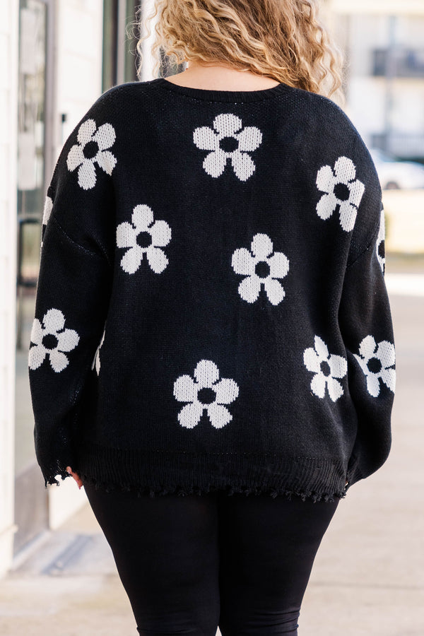 Chic Soul plus size clothing, black knitted button down cardigan with white flower pattern and distressed hemline