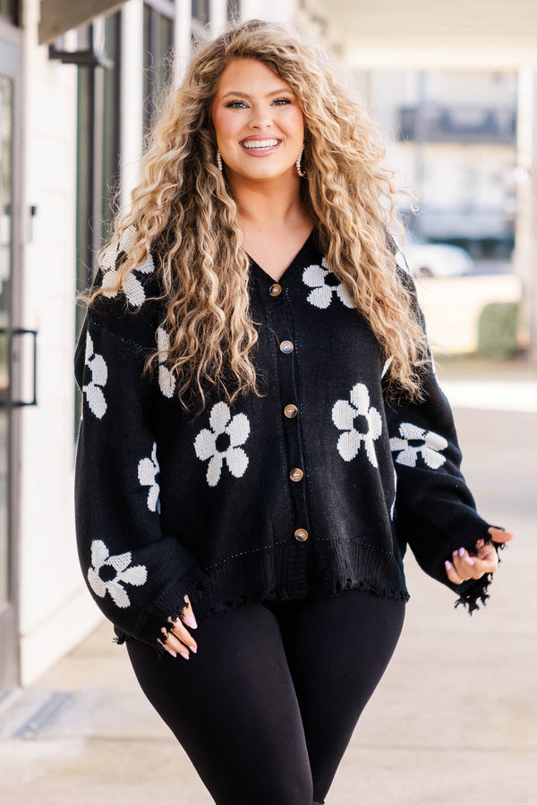 Chic Soul plus size clothing, black knitted button down cardigan with white flower pattern and distressed hemline