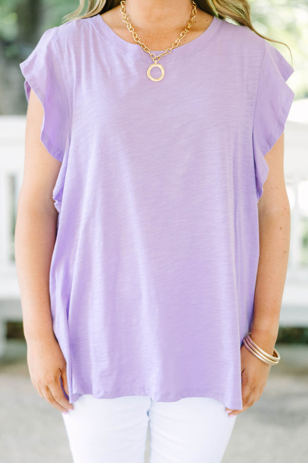 Plus Size lavender sleeveless top with a crew neckline and ruffled shoulder details.