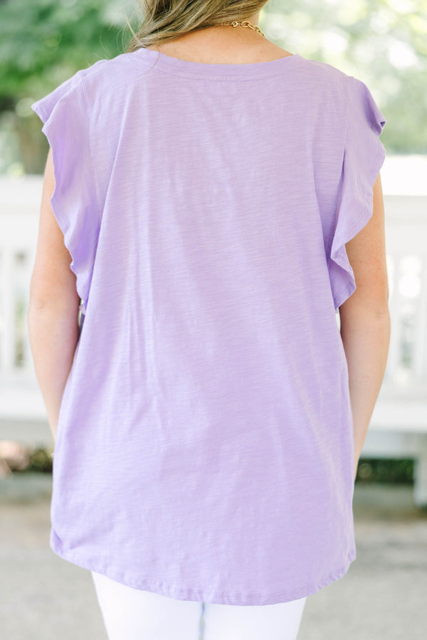 Plus Size lavender sleeveless top with a crew neckline and ruffled shoulder details.