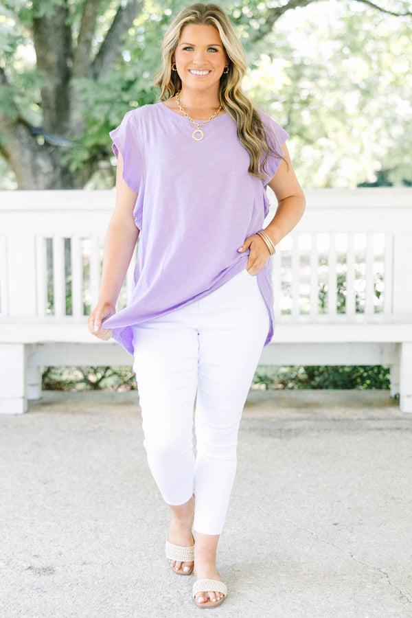 Plus Size lavender sleeveless top with a crew neckline and ruffled shoulder details.