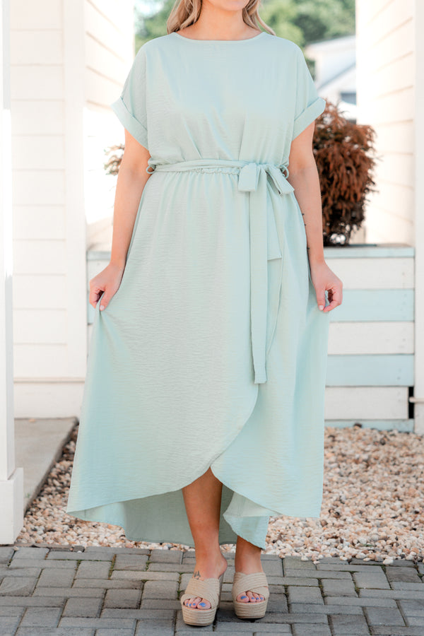 Plus Size sage green short sleeve maxi dress with a tied waistline and high-low tulip hem.