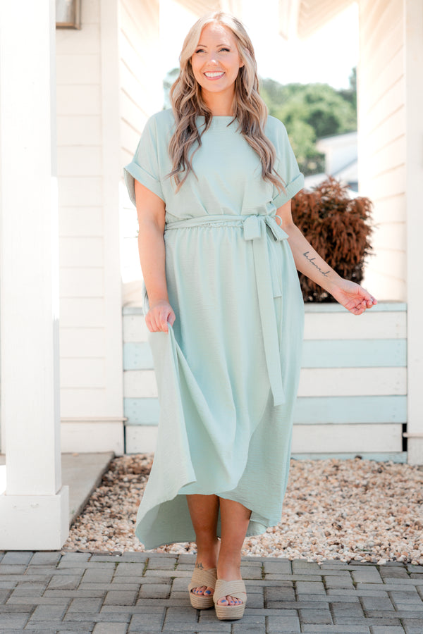 Plus Size sage green short sleeve maxi dress with a tied waistline and high-low tulip hem.