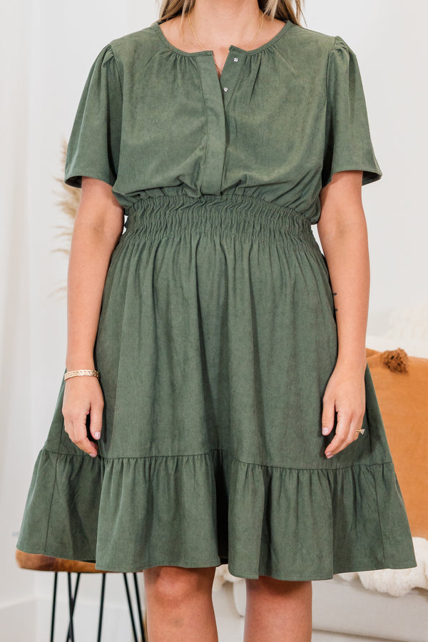 Chic Soul plus size clothing, green short sleeve mini dress with button up detail and synched waist with ruffle along the bottom