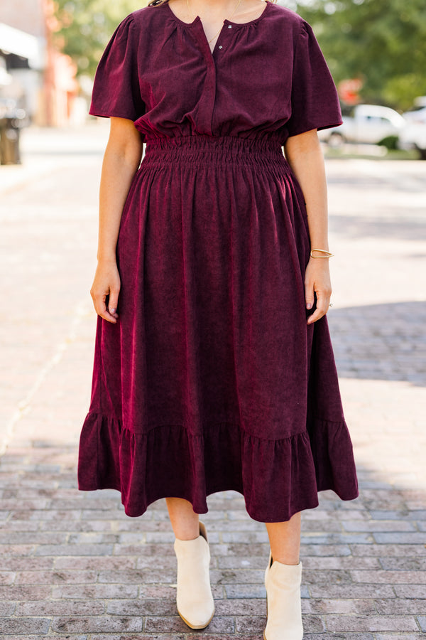 Chic Soul plus size clothing, short-sleeve plum purple ruffled midi dress with buttoned neckline and smocked waistline