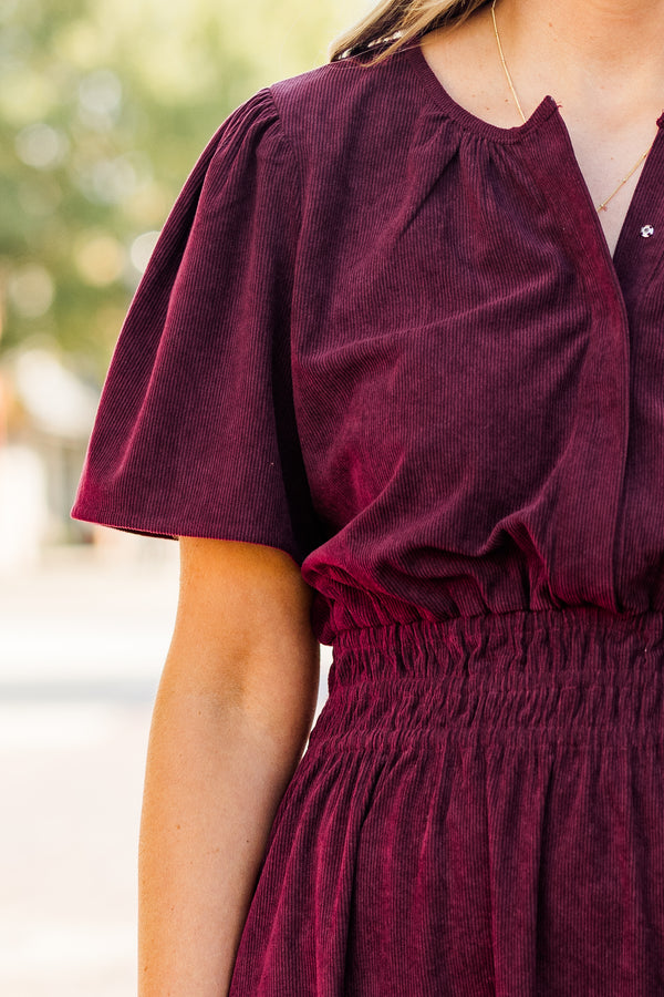 Chic Soul plus size clothing, short-sleeve plum purple ruffled midi dress with buttoned neckline and smocked waistline