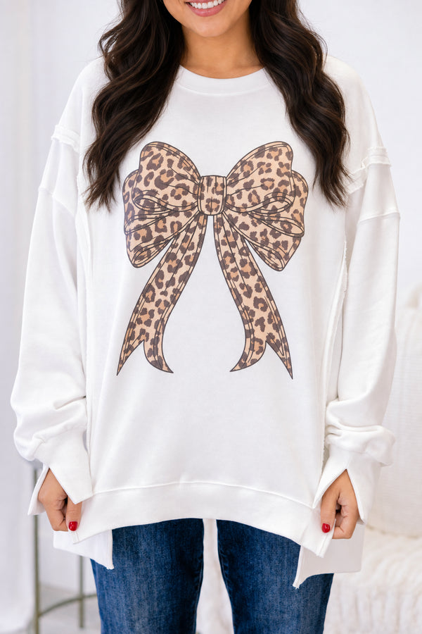 Chic Soul plus size clothing, white long sleeve crew neck sweatshirt with a leopard print bow graphic