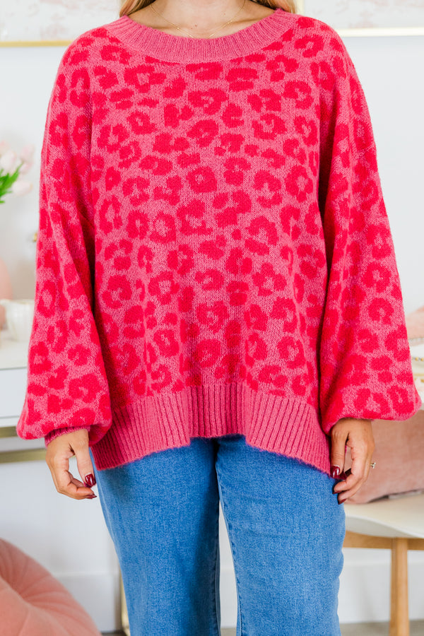 Chic Soul plus size clothing, fuchsia leopard print sweater with balloon sleeves