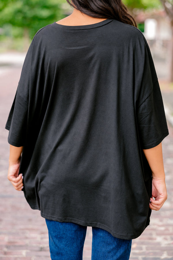Chic Soul plus size clothing, black short sleeve graphic tee with the words 