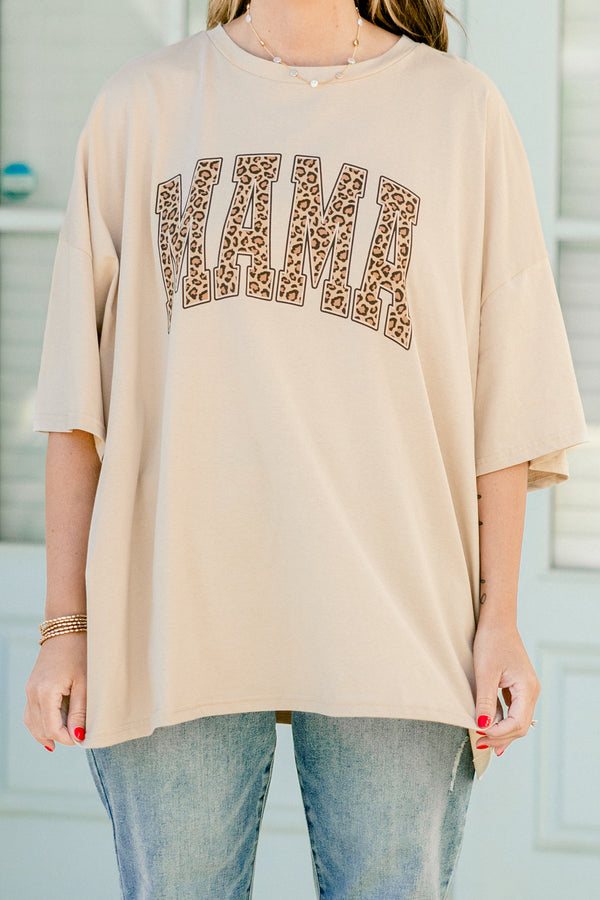 Chic Soul plus size clothing, half sleeve light mocha tee with leopard print text that says 