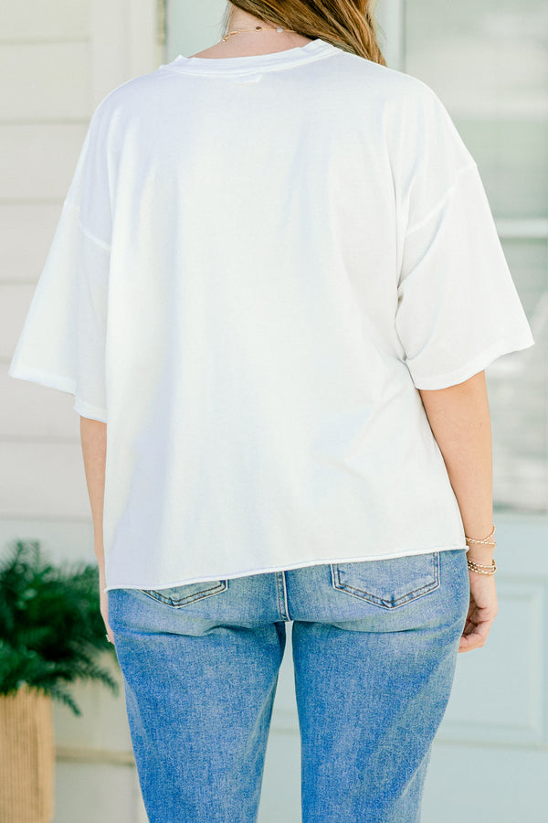 Chic Soul plus size clothing, white half sleeve tee with text that says 
