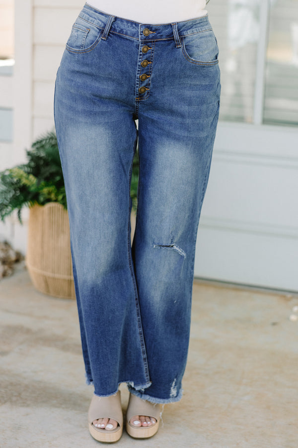 Chic Soul plus size clothing, medium wash bootcut jeans with raw distressed hem