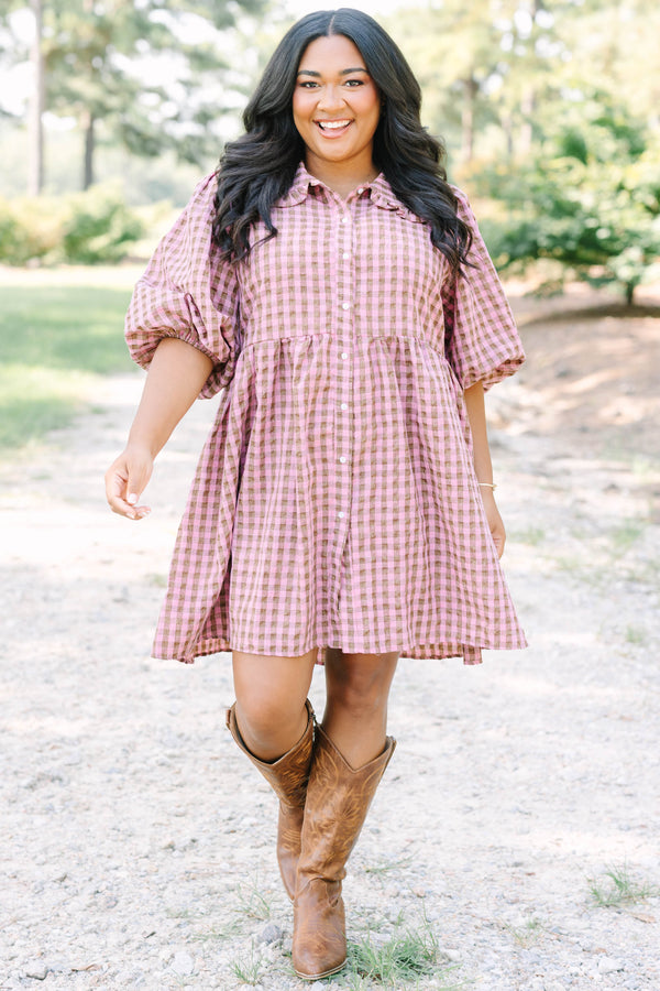 Plus Size mauve and brown gingham babydoll dress with puff sleeves, a collar, and button-down front.