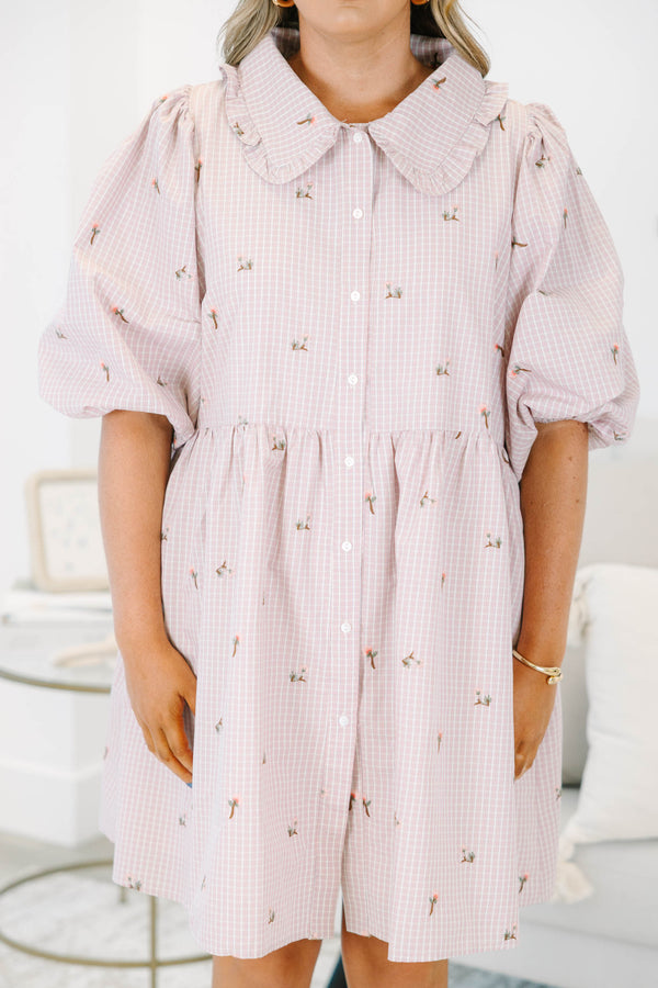 Plus Size pink gingham mini dress with floral embroidery, puff sleeves, and a ruffled Peter Pan collar.