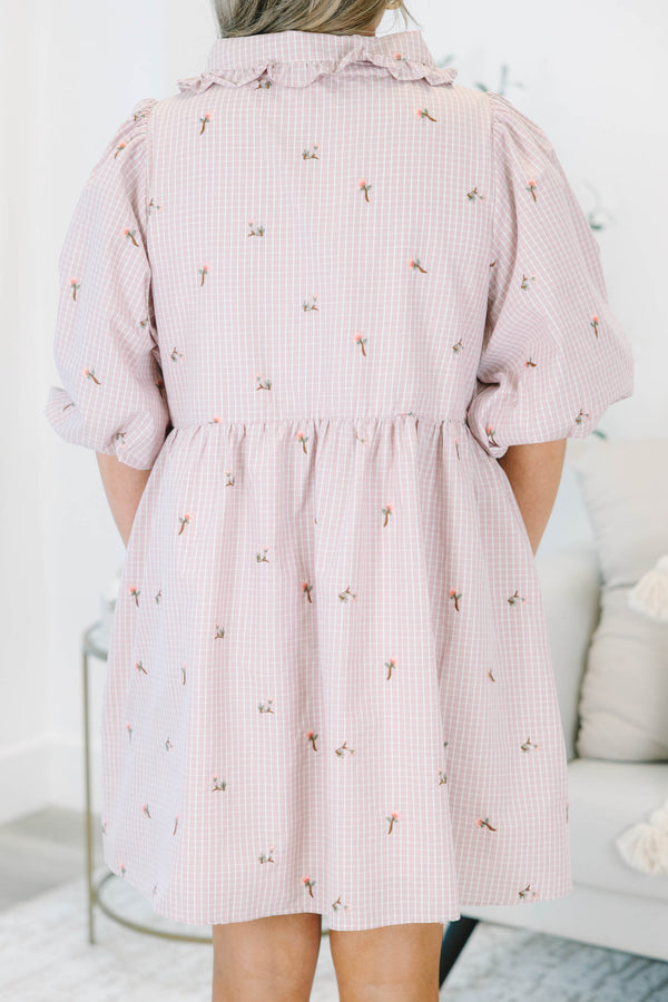 Plus Size pink gingham mini dress with floral embroidery, puff sleeves, and a ruffled Peter Pan collar.