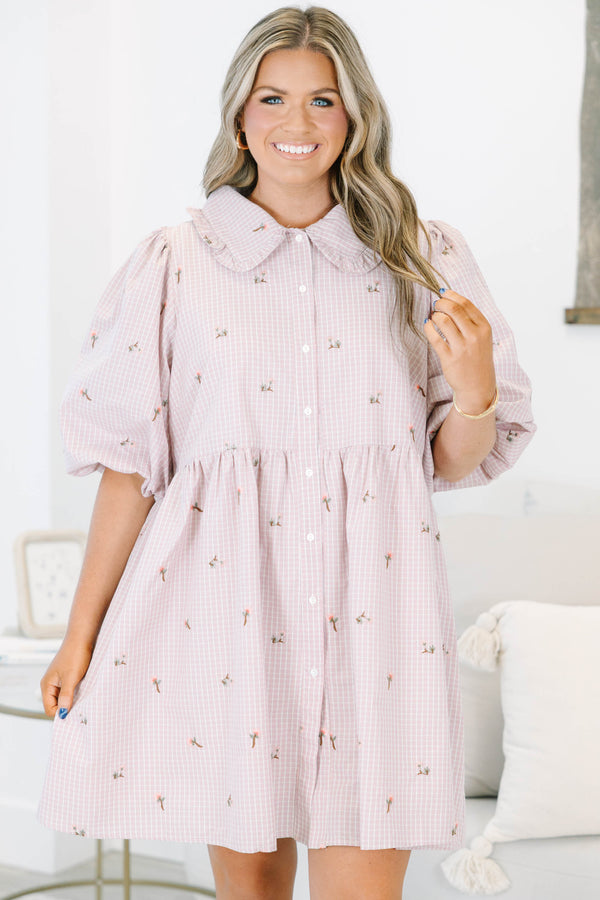 Plus Size pink gingham mini dress with floral embroidery, puff sleeves, and a ruffled Peter Pan collar.