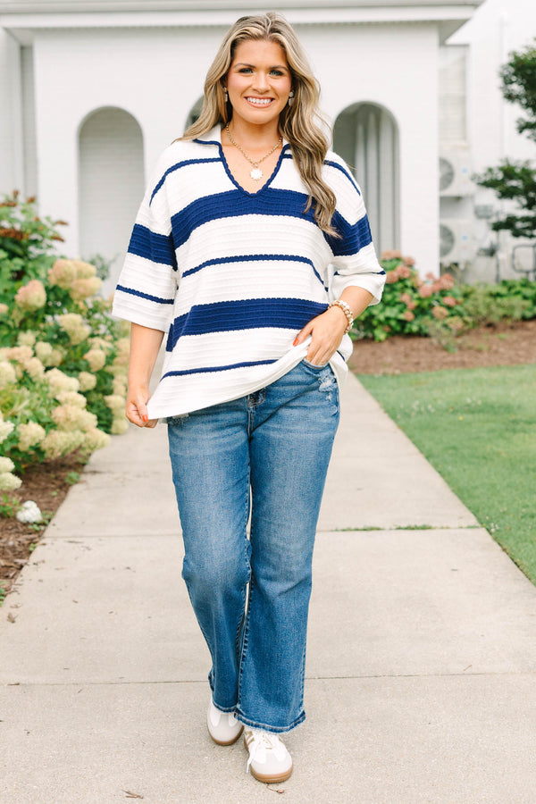 Plus Size navy and white striped textured knit polo sweater with an open collar and short sleeves.
