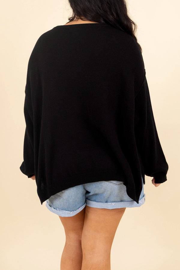 Chic Soul plus size clothing, black knitted sweater with a front pocket and bubble sleeves
