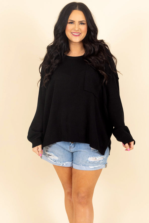 Chic Soul plus size clothing, black knitted sweater with a front pocket and bubble sleeves