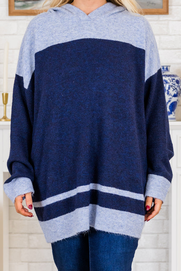 Chic Soul plus size clothing, navy long sleeve knit sweater with blue color block detail with hoodie and ribbed band along bottom and sleeves
