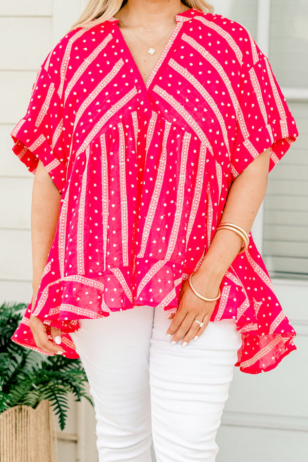 Chic Soul plus size clothing, hot pink short cuff sleeved v-neck high-low hem babydoll top with alternating stripes and polka dots pattern